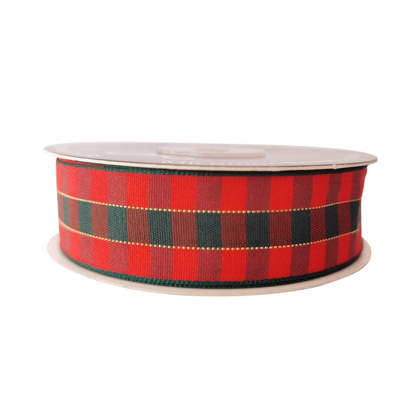 Micomon شريط Micomon X'Mas Gingham Ribbon أخضر أحمر معدني شريط Gingham بطول 25 ياردة لكل لفة 100% بوليستر (1 بوصة"، أحمر أخضر ذهبي) - Image 4